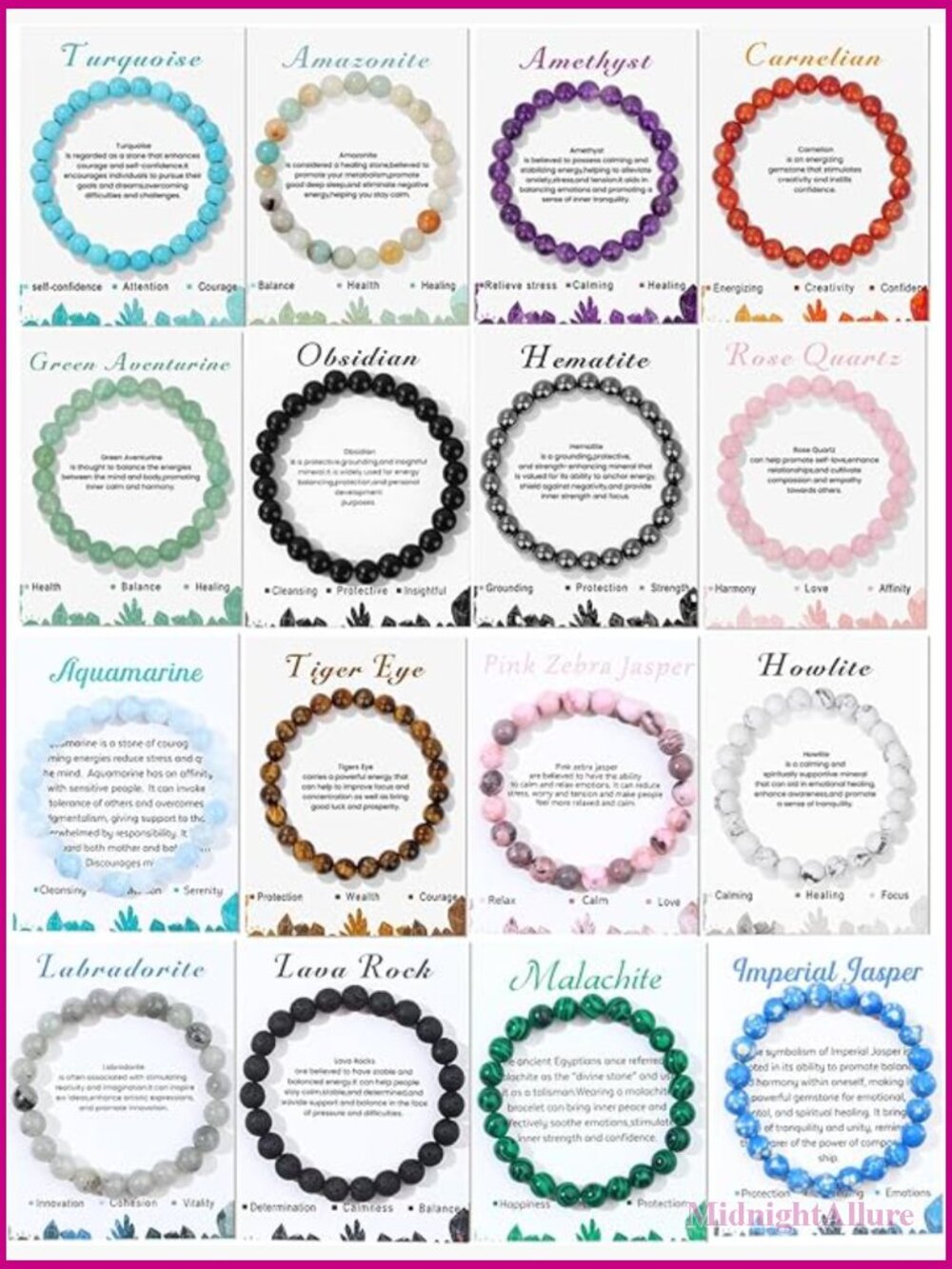 16 Natural Crystal Bracelets Set - 8mm Gemstone Stretch Yoga Jewelry
